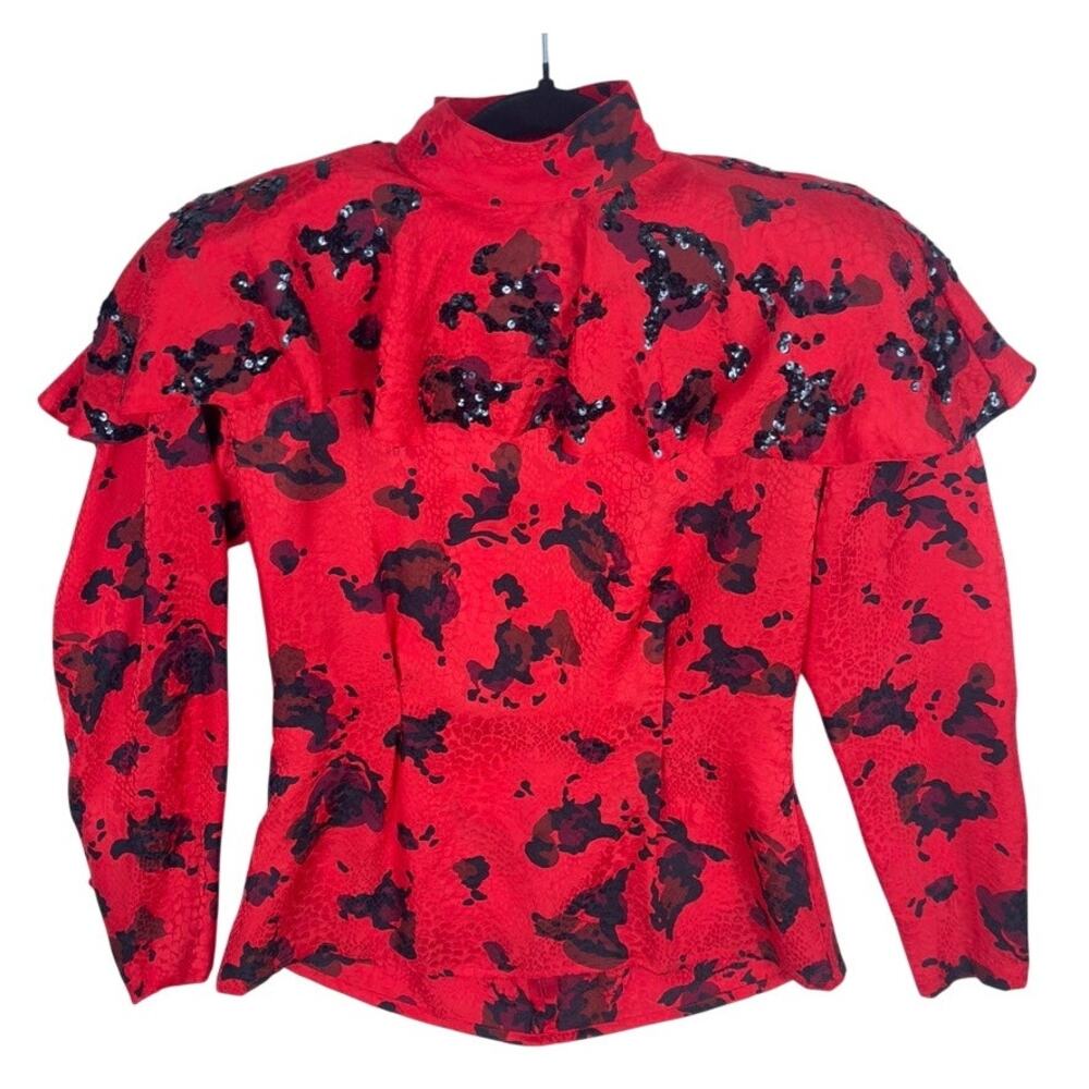 80s Vintage Della Roufogali 100% Silk Blouse High Animal Snake Sequin Glam Small